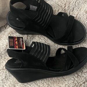 Skechers Black Strappy Wedge Sandals